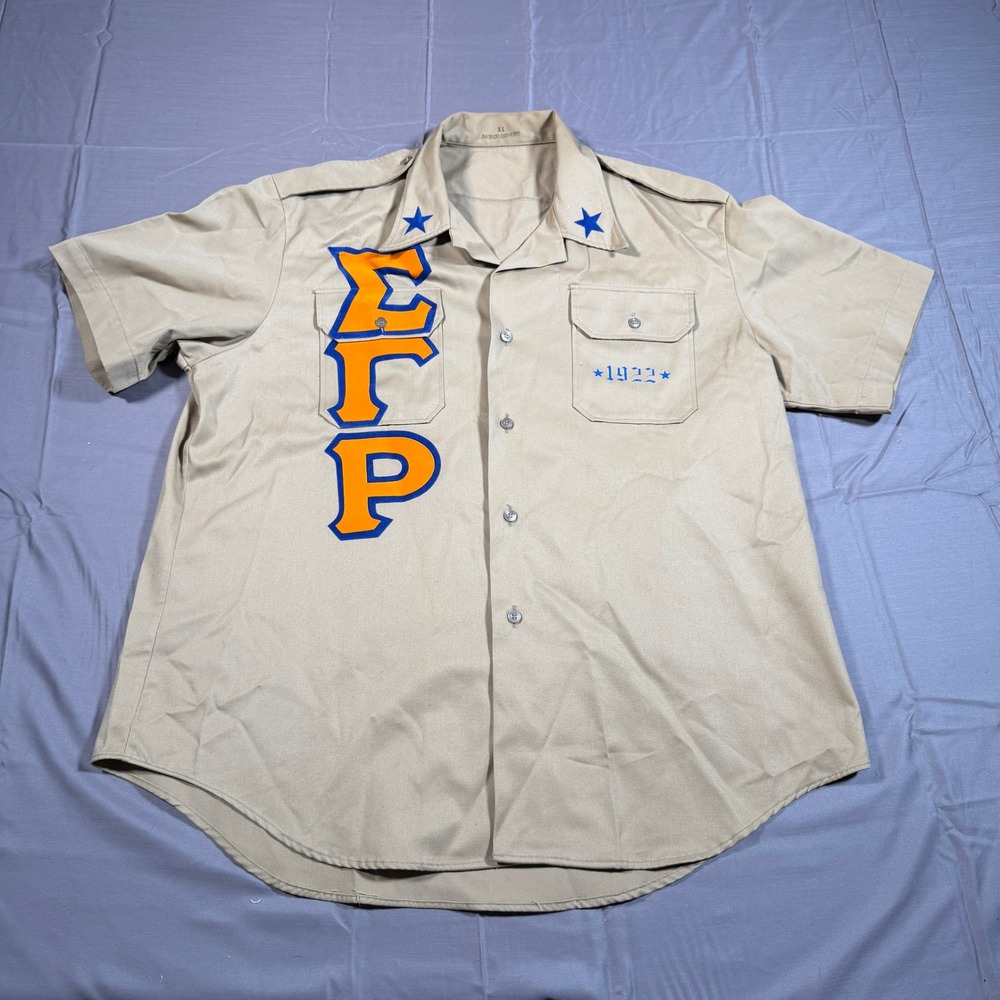 Vintage Sigma Gamma Rho Sorority Khaki Military Twill Shirt 1975 XL Vietnam Era